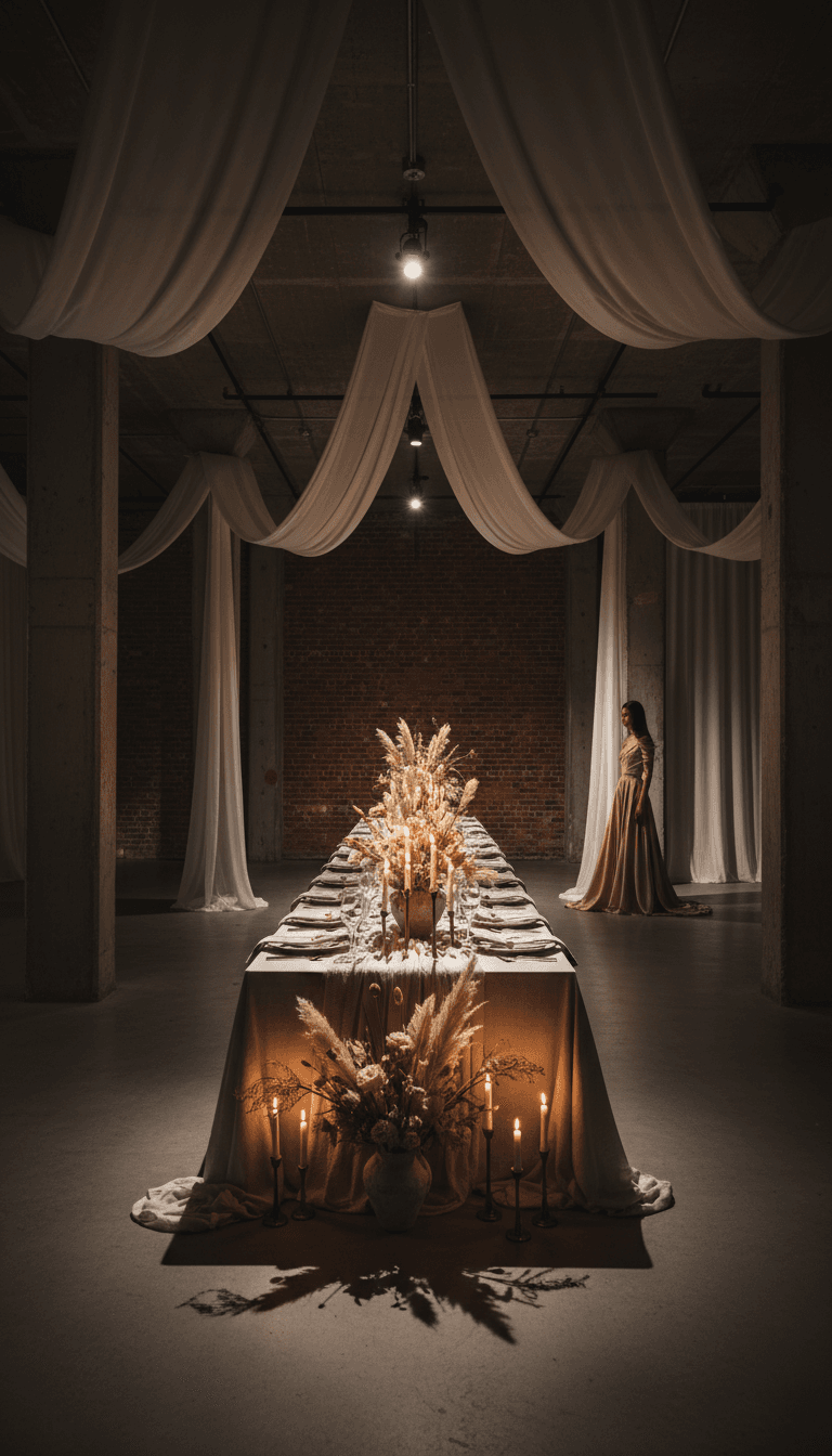 Wide shot of a styled wedding reception in an industrial Toronto loft