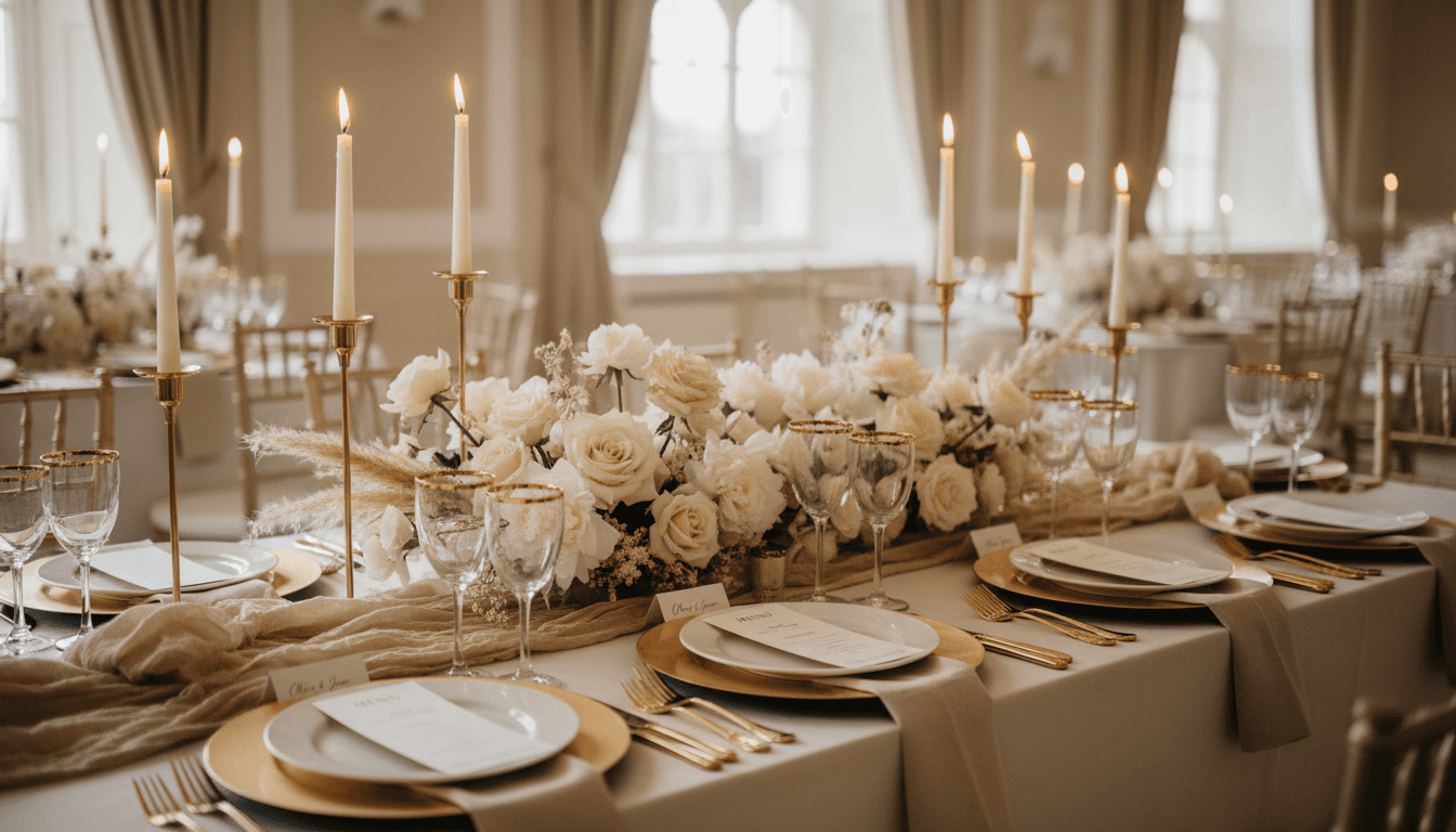 Elegantly styled wedding reception table with floral centerpieces and candlelight