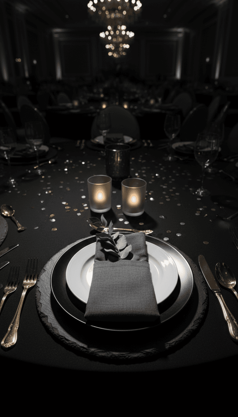 Overhead close-up of a styled corporate gala table setting