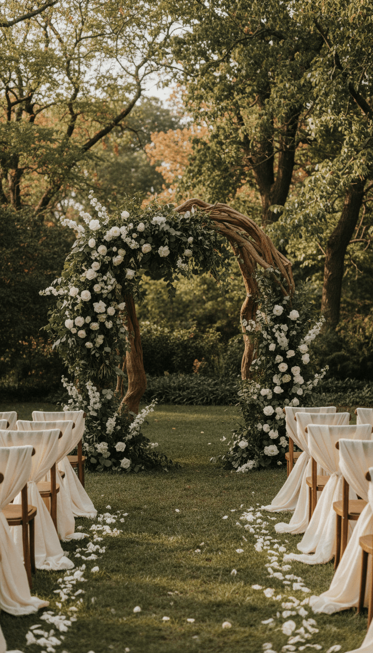 Styled wedding ceremony arch with greenery in a Toronto garden venue
