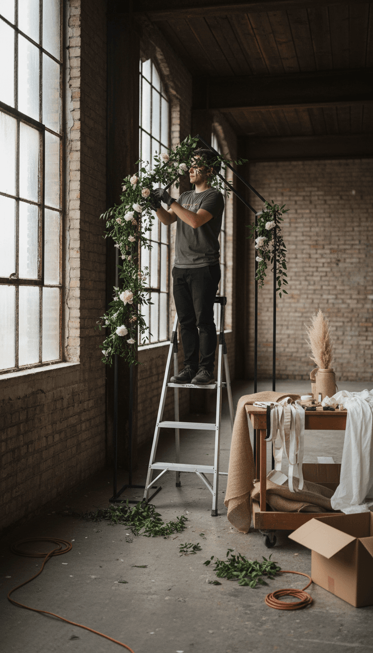 Stylist hands arranging a hanging installation at a Toronto event venue