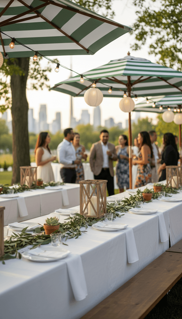 Styled outdoor corporate summer party tables in a Toronto park venue