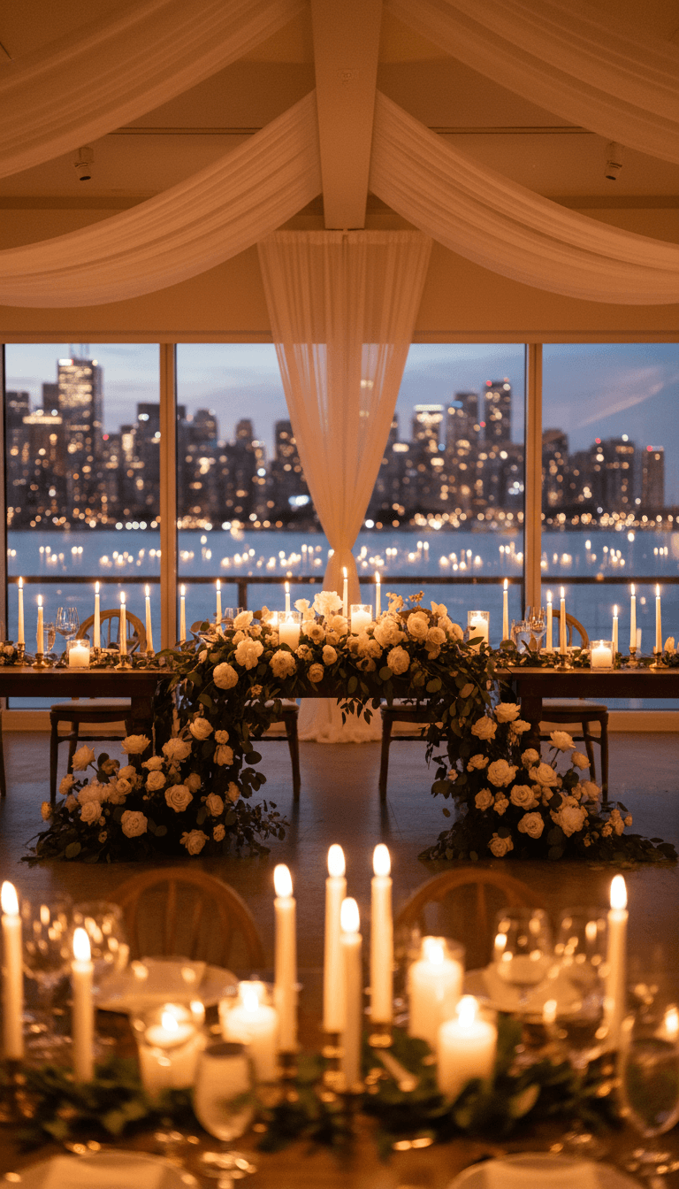 Wide shot of a styled wedding head table in a Toronto waterfront venue
