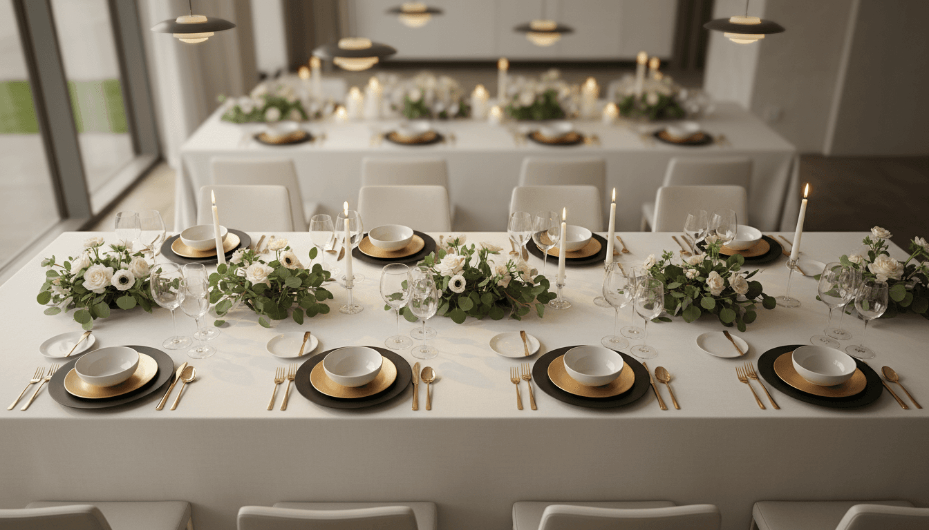 Elegantly styled banquet table with seasonal flower centerpieces and tapered candles in a bright event venue