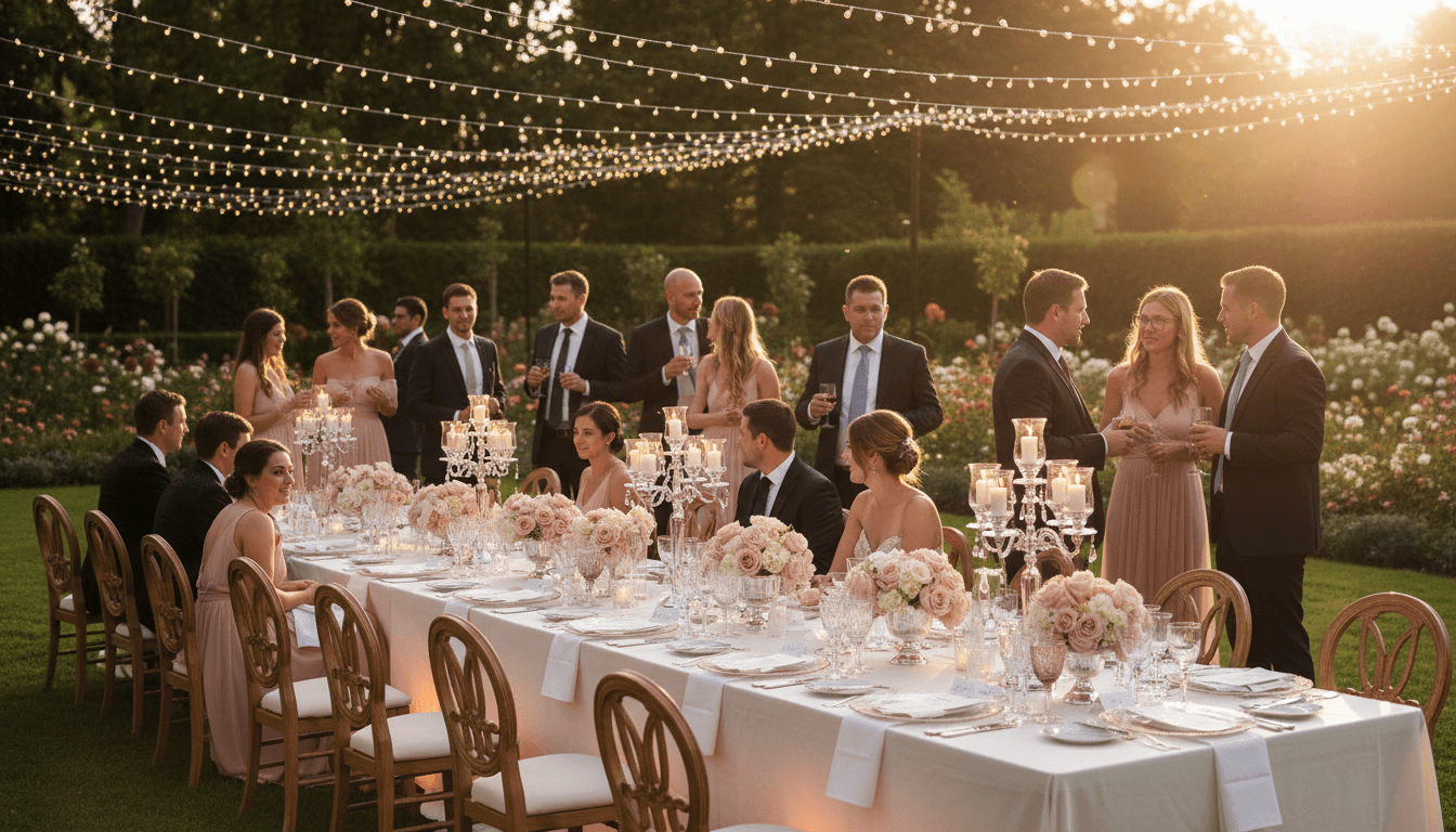 Styled wedding reception venue with floral centerpieces and warm lighting