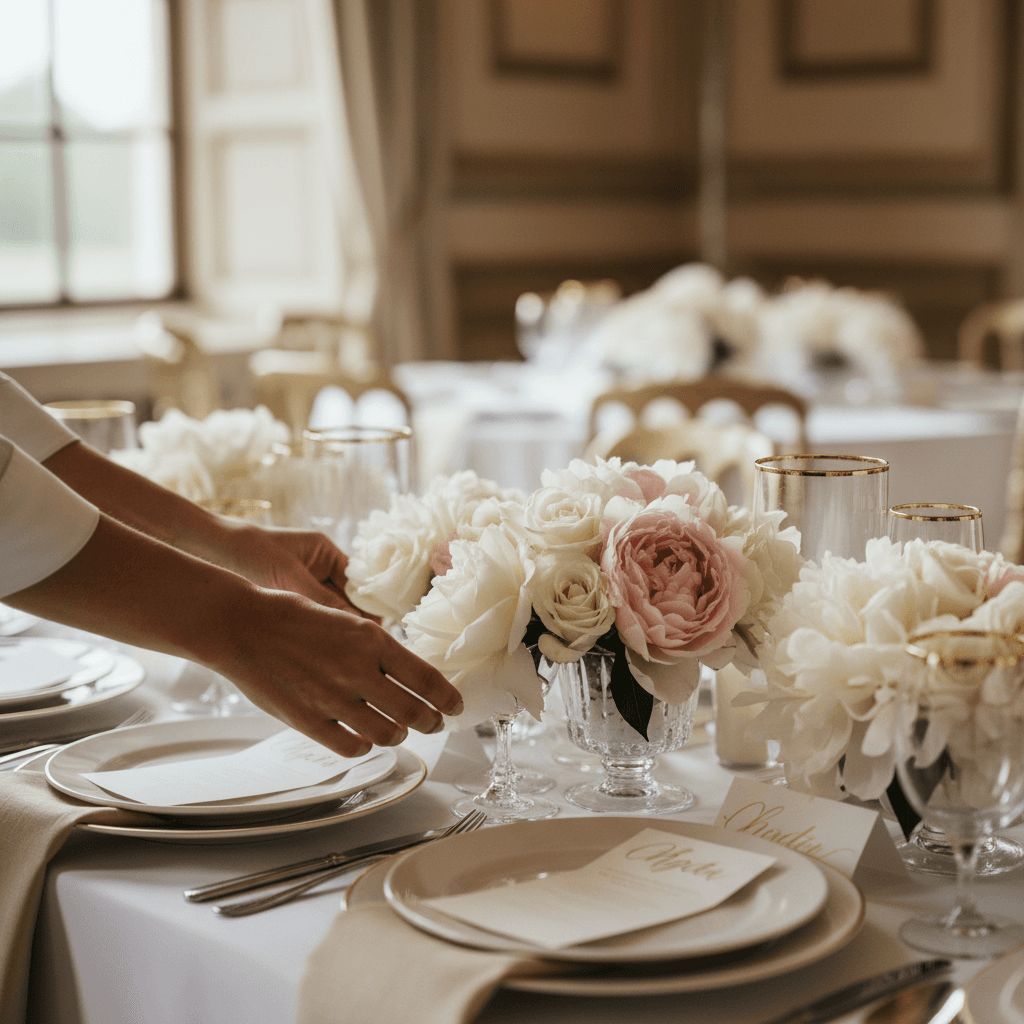 Stylist adjusting table linens