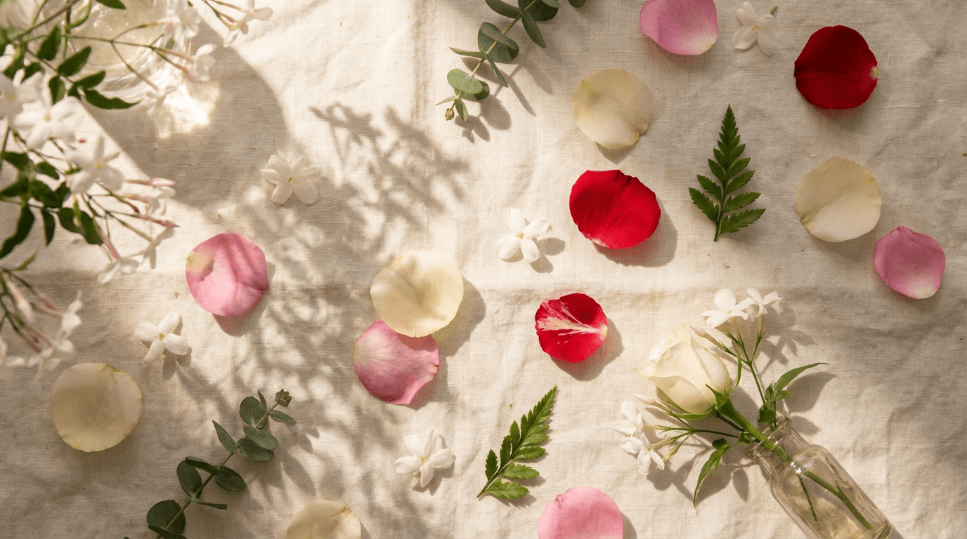 Welcome table with linen runner and white lily centerpiece