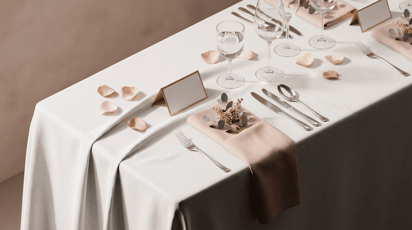 Elegantly styled banquet table with candles and greenery in a bright event venue