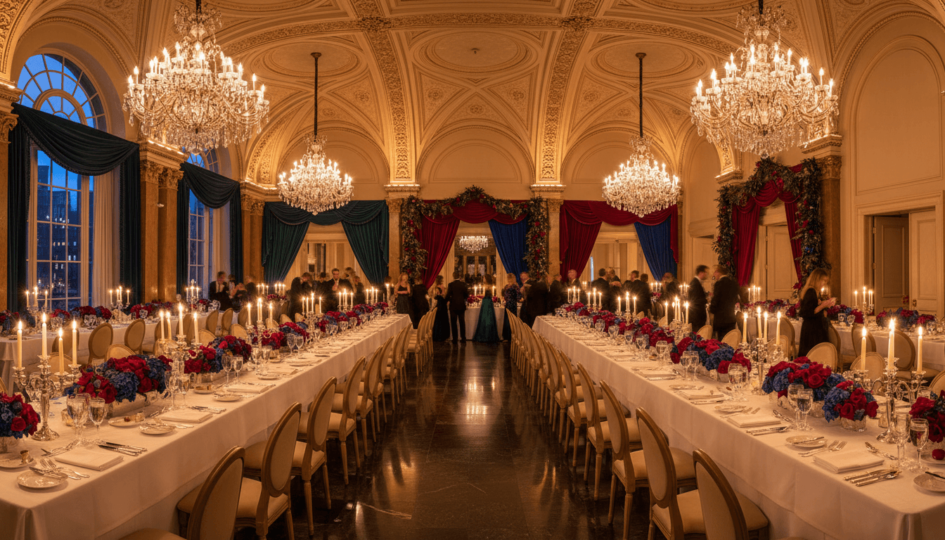 Corporate gala ballroom with navy draped ceiling and copper centerpieces
