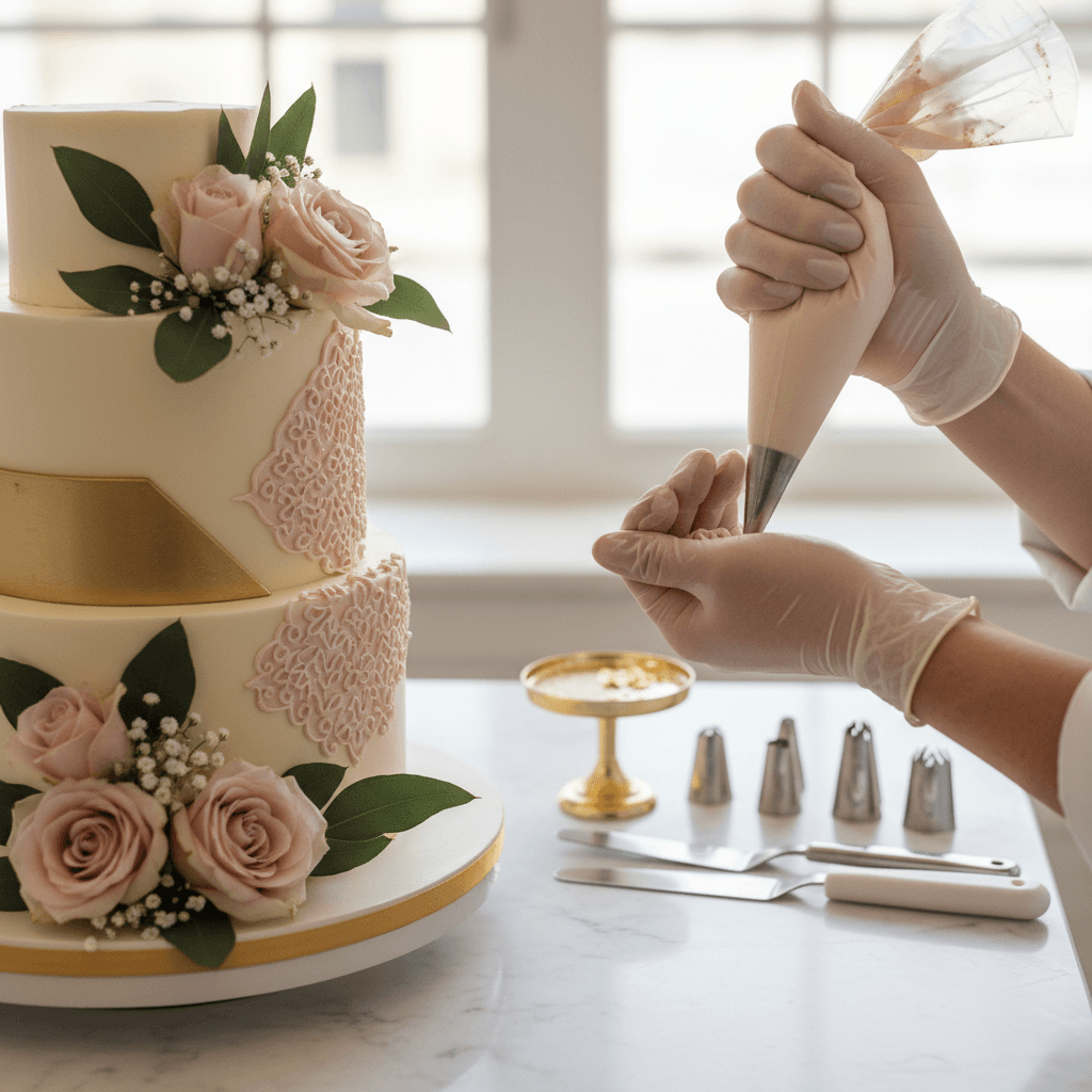 Wedding cake table with ranunculus bud vases and marble pedestals