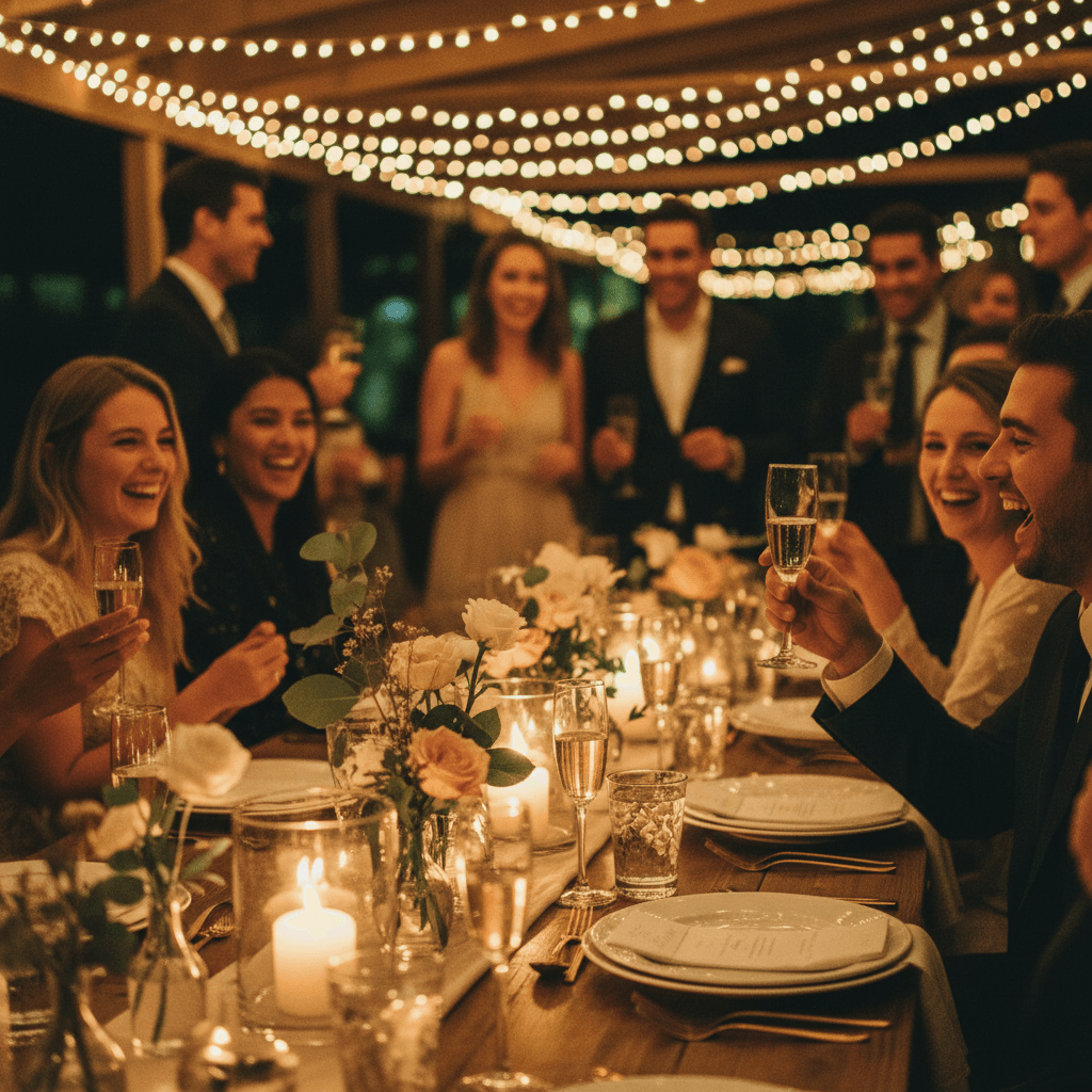 Terrace banquet tables with string lights and guests in conversation